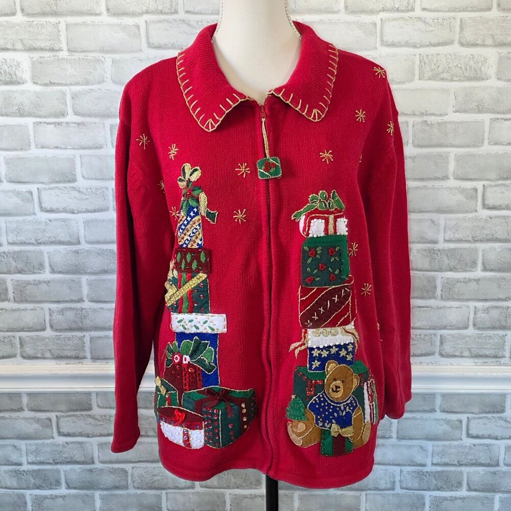 Vintagae Christmas Cardigan Zip Up Gifts Teddybear Red Novelty Grandmacore 1X